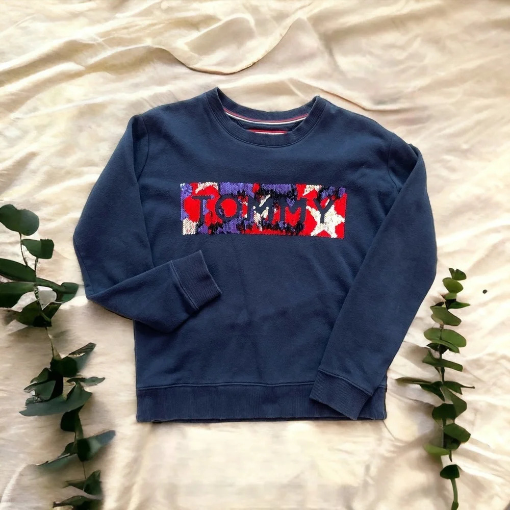 Tommy Hilfiger Navy Blue Sparkle Sequin Logo Long Sleeve Scoop Neck Fall Winter